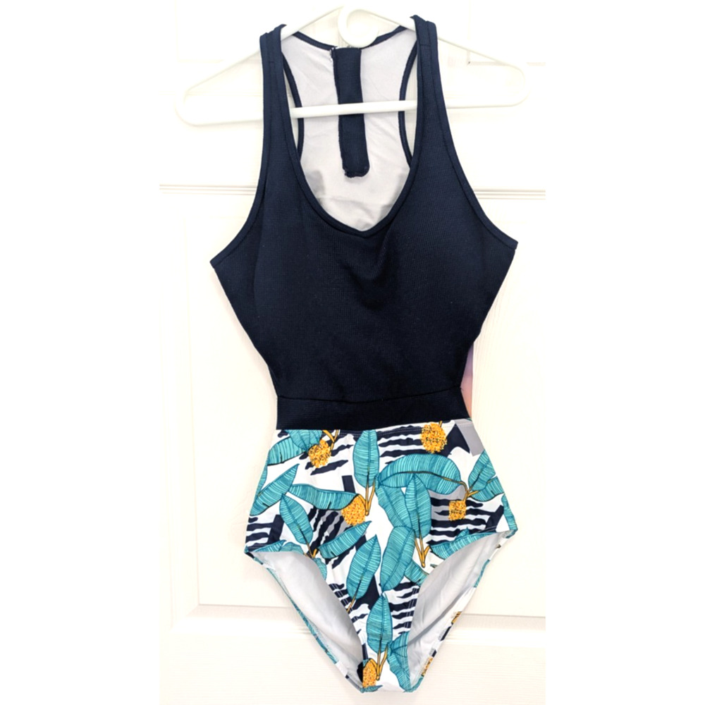 Womens 1 Piece Swimsuit Large 12-14 Blue Floral Racer Back